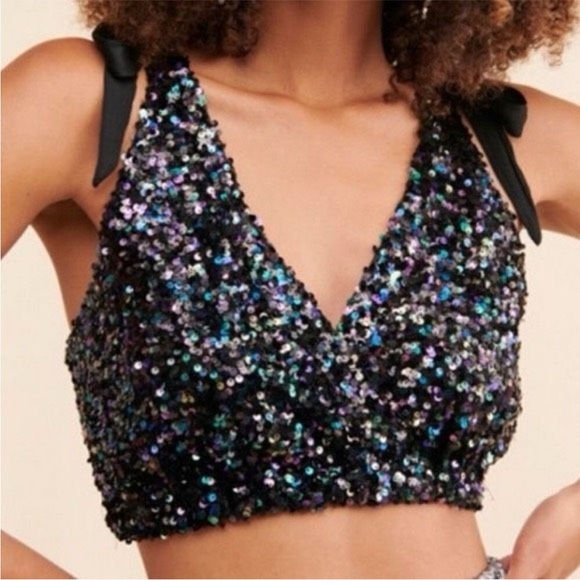 Free People Tops - Free People Big Night Sequin Crop Top in Black Size L